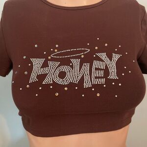 Brown Crop Top with Rhinestone 'Honey' Design